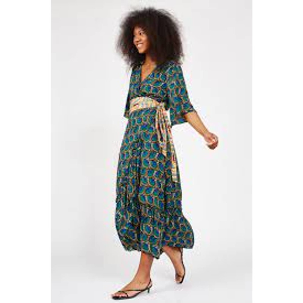 Silk & Salt Journey Maxi Wrap Dress African Peacock Print Green Blue NEW Medium - Picture 2 of 12